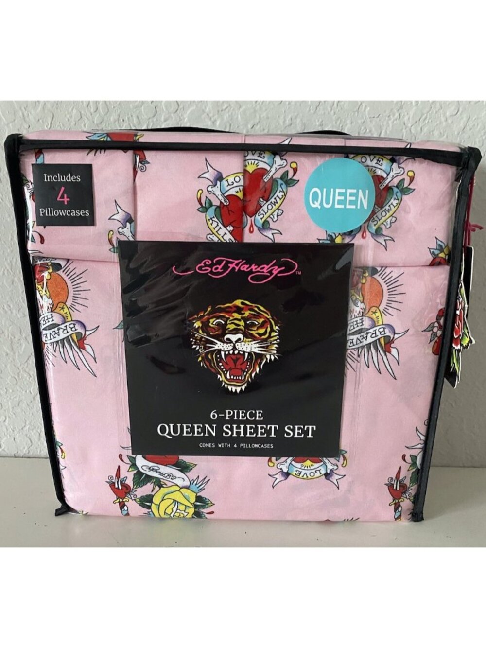 6 Piece Ed Hardy QUEEN Size Sheet Set Pink Roses Hearts Logo Tattoo NEW